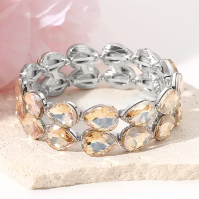 Fashnzfab Glass Crystal Teardrop Stretch Evening Bracelet In Silver