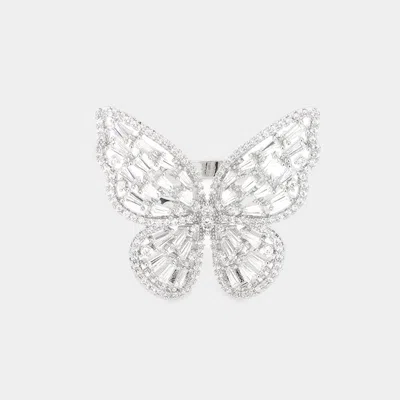 Fashnzfab Glass Stone Accented Cz Pave Butterfly Ring - Silver In Metallic