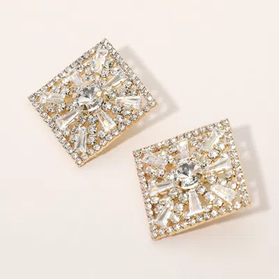Fashnzfab Glass Stone Embellished Diamond Frame Evening Earrings - Clear, Gold