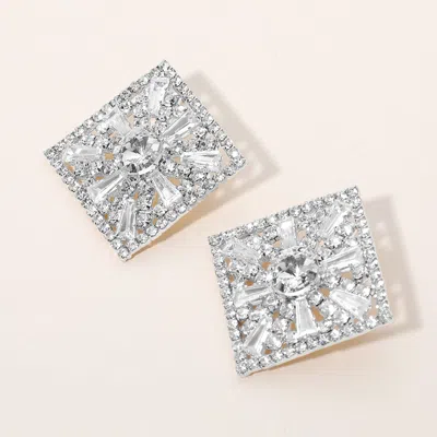 Fashnzfab Glass Stone Embellished Diamond Frame Evening Earrings - Clear, Rhodium In Silver