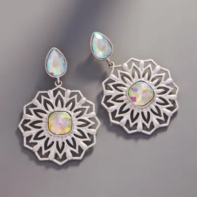 Fashnzfab Glass Stone Embellished Flower Dangle Earrings - Silver In Metallic
