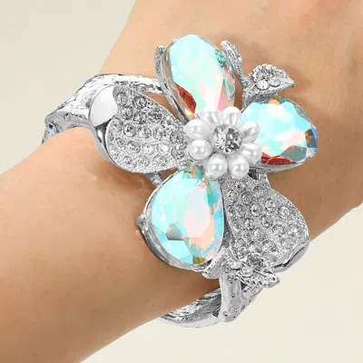 Fashnzfab Glass Stone Pearl Embellished Flower Hinged Bangle Bracelet Ab, Rhodium In White