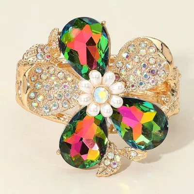 Fashnzfab Glass Stone Pearl Embellished Flower Hinged Bangle Bracelet Gold