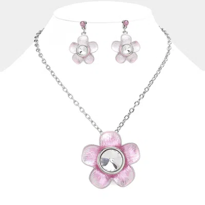 Fashnzfab Glass Stone Pointed Colored Metal Flower Pendant Necklace In Metallic