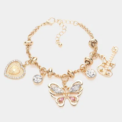 Fashnzfab Glass Stone Pointed Heart Butterfly Guitar Charm Bracelet Clear, Gold In Multi