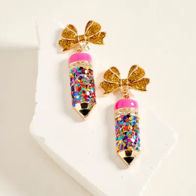 Fashnzfab Glitter Enamel Bow Pencil Charm Drop Earrings In Multi