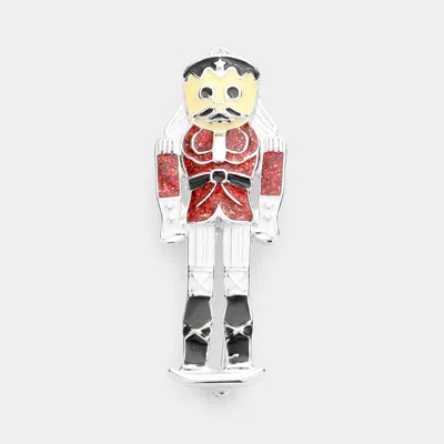 Fashnzfab Glitter Enamel Christmas Soldier Pin Brooch In Red