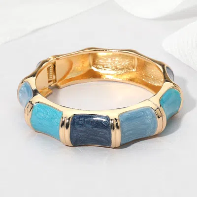 Fashnzfab Glitter Enamel Inlay Bamboo Shape Hinged Bangle Bracelet In Blue