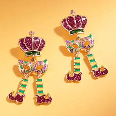 Fashnzfab Glitter Enamel Mardi Gras Jester Crown Mask Shoes Link Drop Earrings - Gold