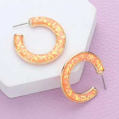 Fashnzfab Glitter Inlay Resin Hoop Earrings In Orange
