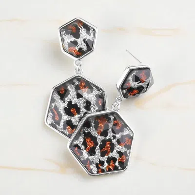 Fashnzfab Glitter Leopard Double Hexagon Bead Link Earrings - Leopard, Light In Metallic