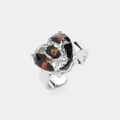 Fashnzfab Glitter Leopard Pattern Heart Stone Adjustable Ring - Leopard, Rhodium In Metallic