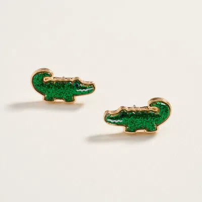 Fashnzfab Glitter Mardi Gras Alligator Stud Earrings In Green