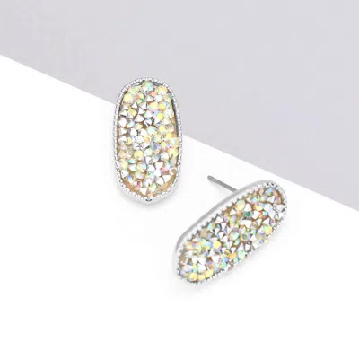 Fashnzfab Glitter Stone Oval Stud Earrings - Ab, Rhodium In Multi