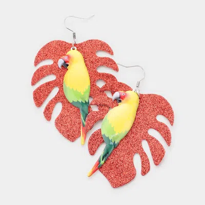 Fashnzfab Glitter Tropical Leaf Parrot Earrings In Red