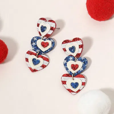 Fashnzfab Glittered American Usa Flag Triple Heart Link Drop Earrings In Multi