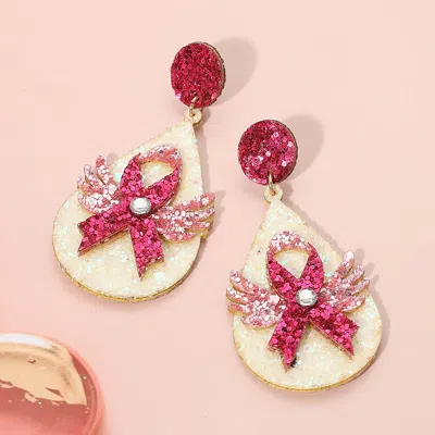 Fashnzfab Glittered Angel Wing Pink Ribbon Pointed Teardrop Dangle Earrings In Multi