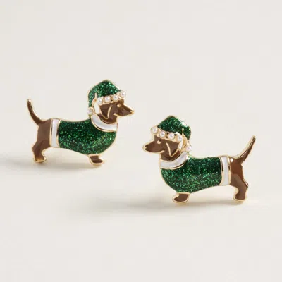 Fashnzfab Glittered Christmas Dachshund Stud Earrings In Green