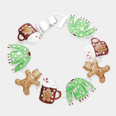 Fashnzfab Glittered Christmas Sweater Cat Gingerbread Man Pointed Latte Link Magnetic Bracelet Multi