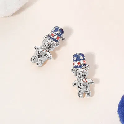 Fashnzfab Glittered Enamel American Usa Flag Top Hat Teddy Bear Stud Earrings In Blue