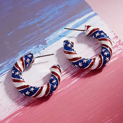 Fashnzfab Glittered Enamel American Usa Twisted Hoop Earrings - Blue, Red, Silver, White