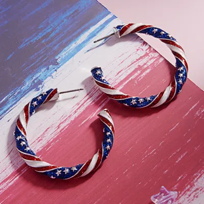 Fashnzfab Glittered Enamel American Usa Twisted Hoop Earrings - Multi, Silver In Gray