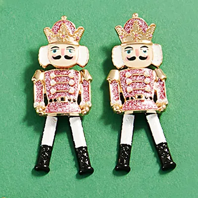 Fashnzfab Glittered Enamel Christmas Nutcracker Earrings In Pink