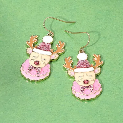 Fashnzfab Glittered Enamel Christmas Reindeer Dangle Earrings In Pink