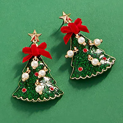 Fashnzfab Glittered Enamel Christmas Tree Dangle Earrings In Green