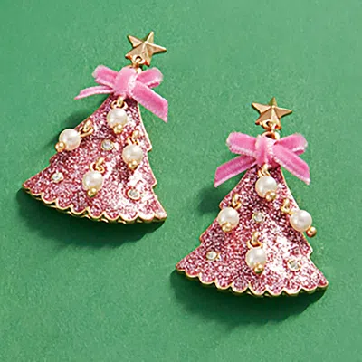 Fashnzfab Glittered Enamel Christmas Tree Dangle Earrings In Pink