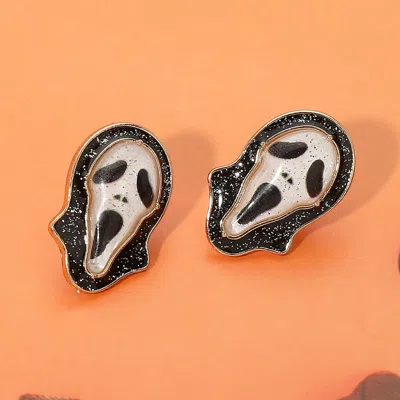 Fashnzfab Glittered Enamel Epoxy Halloween Ghost Mask Stud Earrings Black
