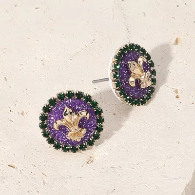 Fashnzfab Glittered Enamel Fleur De Lis Round Stud Earrings In Blue