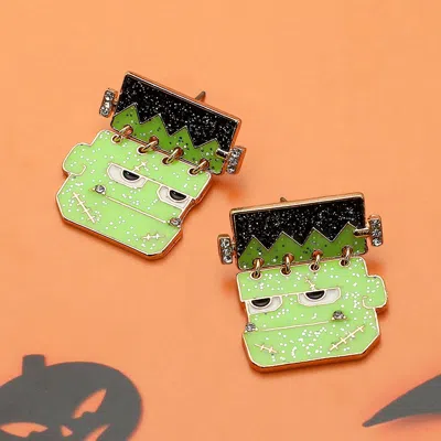 Fashnzfab Glittered Enamel Halloween Frankenstein Earrings In Green