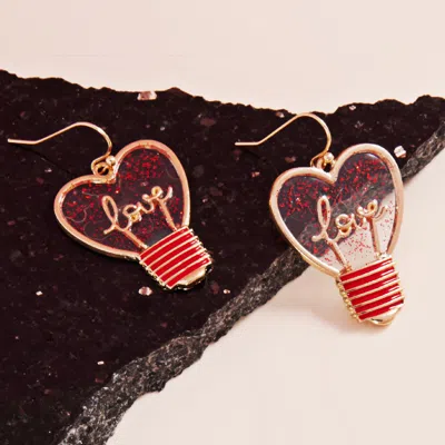 Fashnzfab Glittered Enamel Love Message Heart Shaped Bulb Dangle Earrings In Red