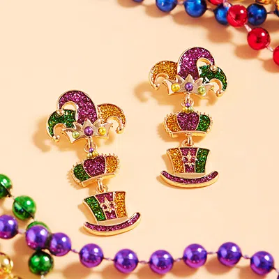 Fashnzfab Glittered Enamel Mardi Gras Jester Hat Link Dropdown Dangle Earrings In Gold