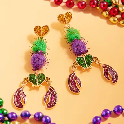 Fashnzfab Glittered Enamel Pom Pom Mardi Gras Crawfish Earrings - Multi