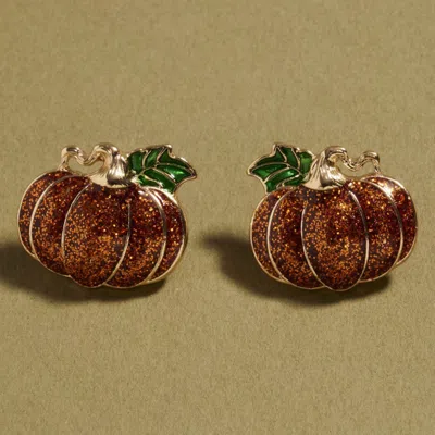 Fashnzfab Glittered Enamel Thanksgiving Pumpkin Stud Earrings In Gold