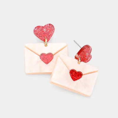 Fashnzfab Glittered Heart Resin Letter Link Dangle Earrings - Red