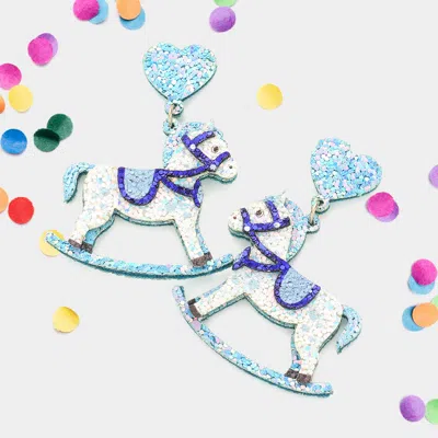 Fashnzfab Glittered Heart Rocking Horse Link Dangle Earrings In Blue
