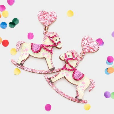 Fashnzfab Glittered Heart Rocking Horse Link Dangle Earrings In Pink