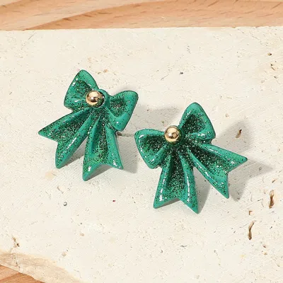 Fashnzfab Glittered Holiday Bow Stud Earrings - Green