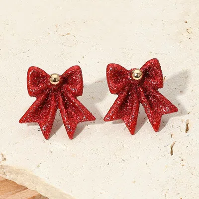 Fashnzfab Glittered Holiday Bow Stud Earrings - Red