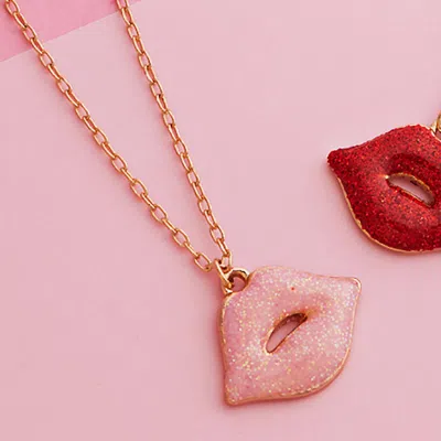Fashnzfab Glittered Lips Pendant Necklace In Pink