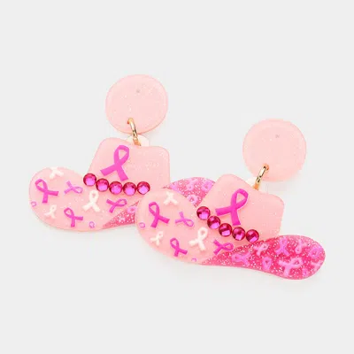 Fashnzfab Glittered Pink Ribbon Cowboy Hat Dangle Earrings