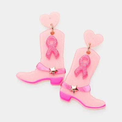Fashnzfab Glittered Pink Ribbon Heart Star Western Boots Dangle Earrings