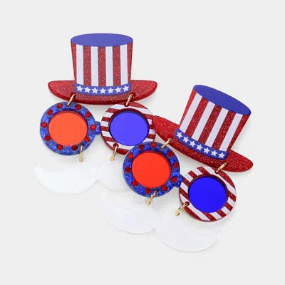 Fashnzfab Glittered Resin American Usa Flag Hat Sunglasses Dangle Earrings In Blue