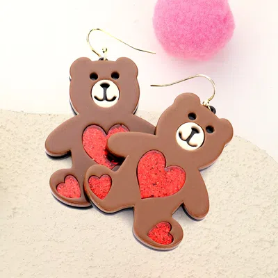 Fashnzfab Glittered Resin Bear Dangle Earrings In Brown