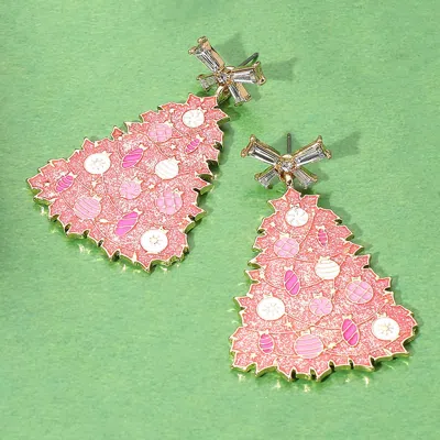 Fashnzfab Glittered Resin Bow Topper Christmas Tree Earrings In Pink