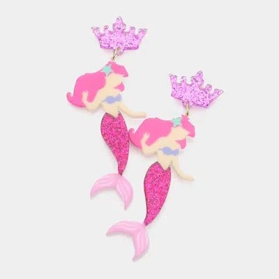 Fashnzfab Glittered Resin Crown Mermaid Link Dangle Earrings In Pink