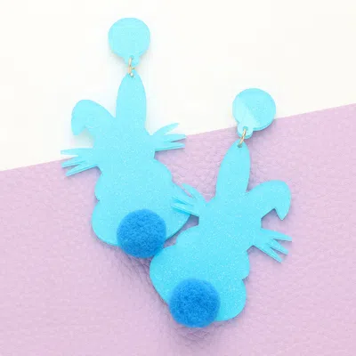 Fashnzfab Glittered Resin Easter Bunny Pom Pom Tail Dangle Earrings - Turquoise In Blue